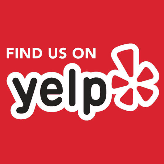Red square background featuring the Yelp logo with a white outline and a red flower icon, along with the text 'FIND US ON'.